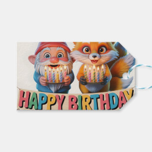 Smiling Garden Gnome and Fox Cub Birthday Gift Tags
