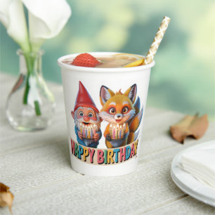 Smiling Garden Gnome and Fox Cub Birthday Paper Cups