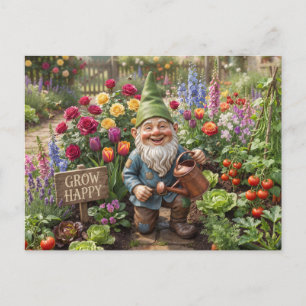 Smiling Garden Gnome Watering Flowers in Garden Postcard