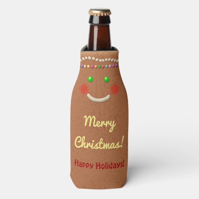 Smiling Gingerbread Cookie Bottle Cooler (Bottle Front)