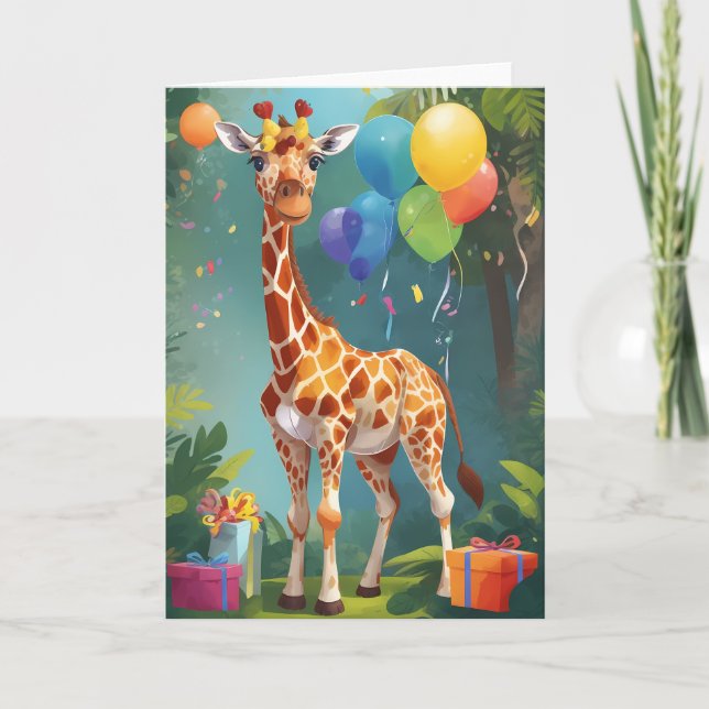 Smiling Giraffe with Balloons & Presents | Card (Front)