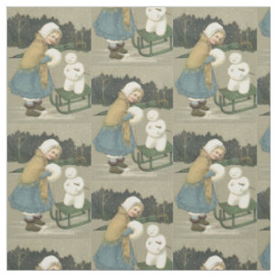Smiling Girl Snowman Sleigh Snow Woods Fabric
