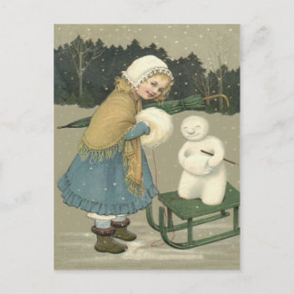 Smiling Girl Snowman Sleigh Snow Woods Postcard