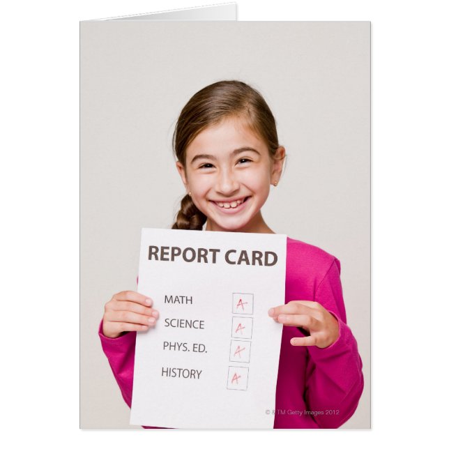 Smiling girl student proud of report card (Front)