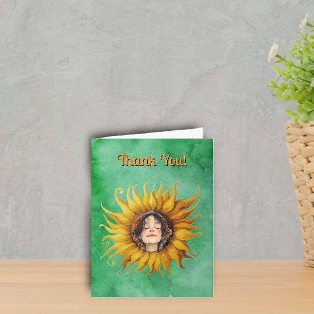 Smiling Girls Face in Middle of Yellow Sunflower Thank You Card (Smiling girl's face in middle of big fancy yellow sunflower on shades of green Thank you cards.)
