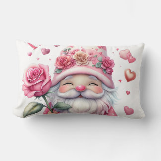 Smiling Gnome Holding a Pink Rose  Lumbar Cushion
