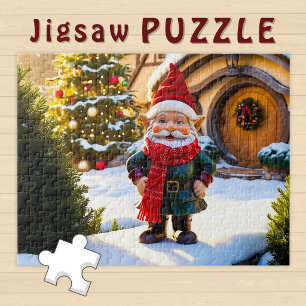 Smiling Gnome outdoors Christmas Tree and House  Jigsaw Puzzle