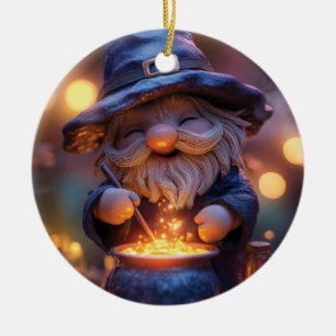 Smiling Gnome Stirring Magic Pot Ceramic Ornament