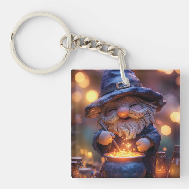 Smiling Gnome Stirring Magic Pot Key Ring (Front)