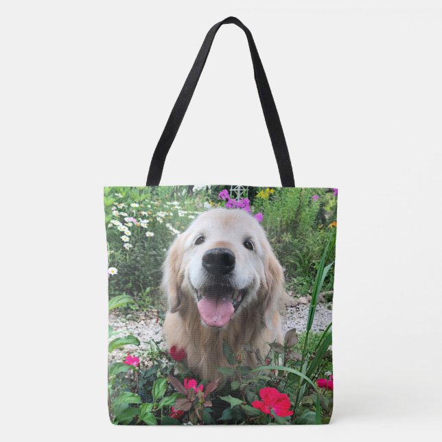 Smiling Golden Retriever Dog Among Flowers Tote Bag (Front)