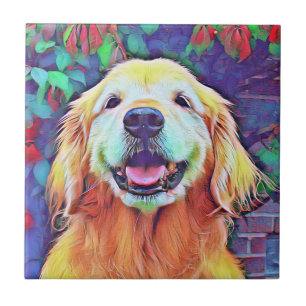 Smiling Golden Retriever Dog in Vibrant Colours Ceramic Tile