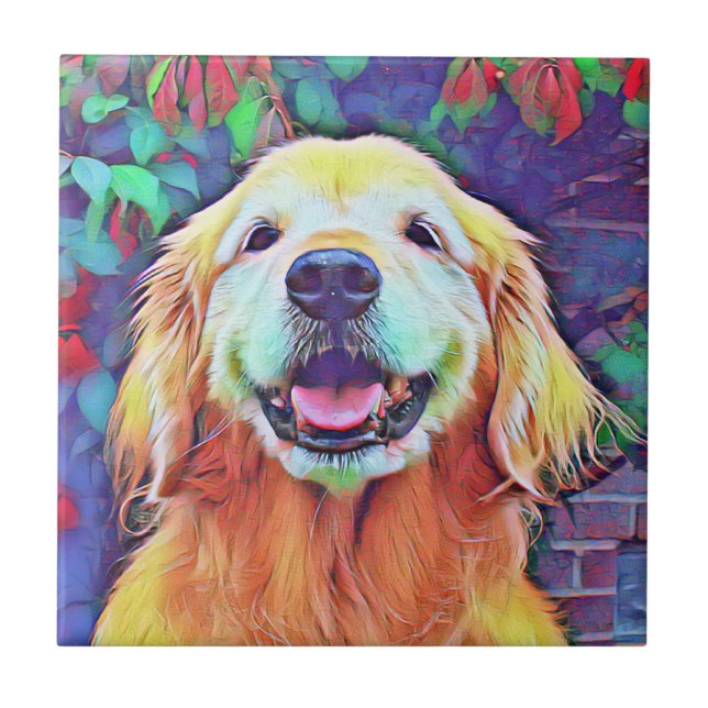 Smiling Golden Retriever Dog in Vibrant Colours Ceramic Tile (Front)