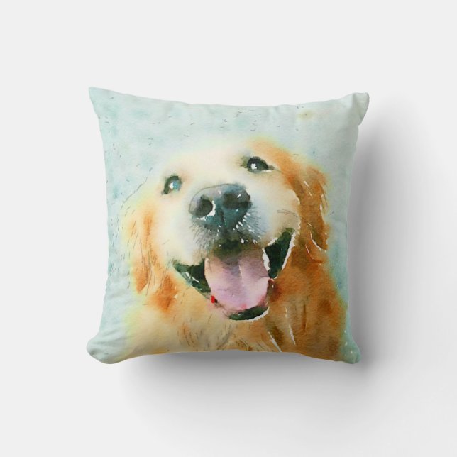 Smiling Golden Retriever in Watercolor Cushion (Front)