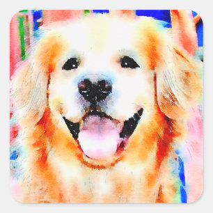 Smiling Golden Retriever Watercolor Portrait Square Sticker