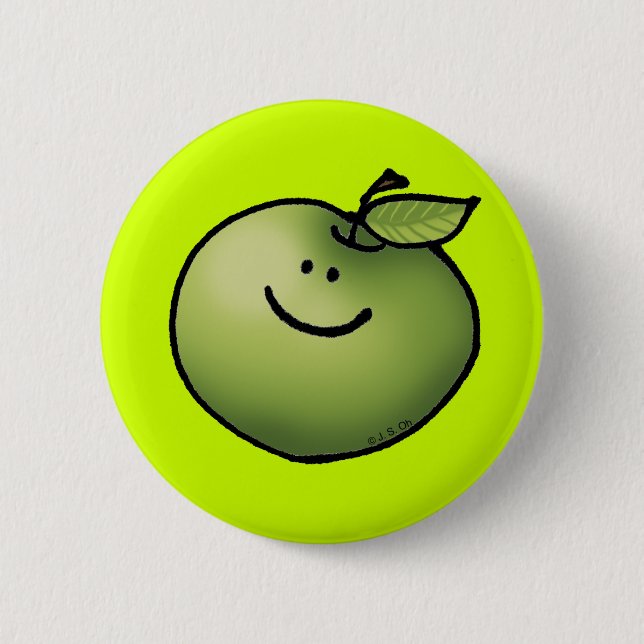 Smiling Green Apple Cartoon Button  (Front)