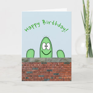 Smiling Green Cactus Character Peeping Over a Wall Card