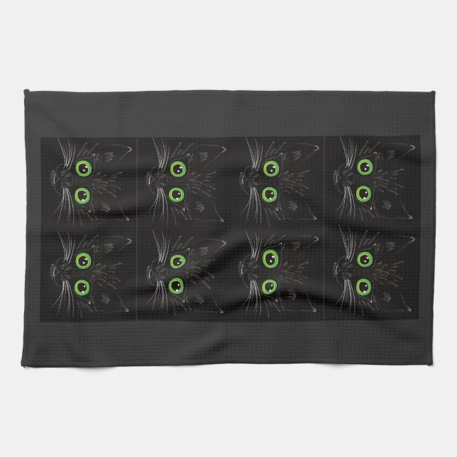 Smiling Green Eyed Cat Tea Towel (Horizontal)