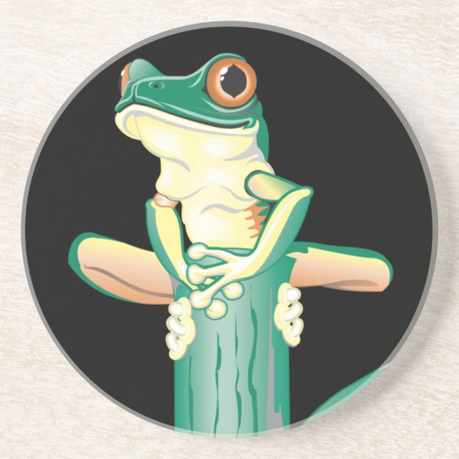 Smiling Green Tree Frog on Bamboo Coaster (Front)