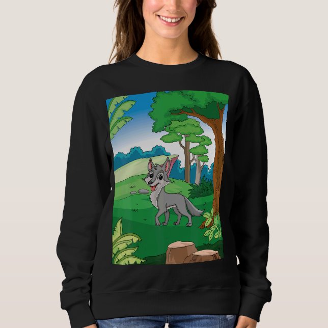 Smiling Grey Wolf Running Thru The Forest With Blu Sweatshirt (Front)