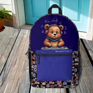 Smiling Grizzly Bear DJ, Happy Music Jungle Printed Backpack