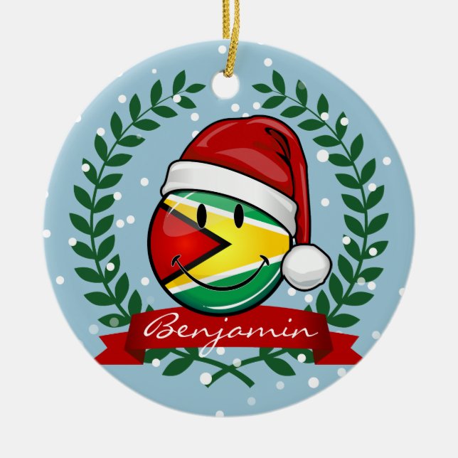 Smiling Guyana Flag Christmas Style Ceramic Ornament (Front)