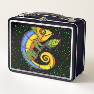 Smiling Happy Colourful Lizard on Twig Polka Dots Metal Lunch Box