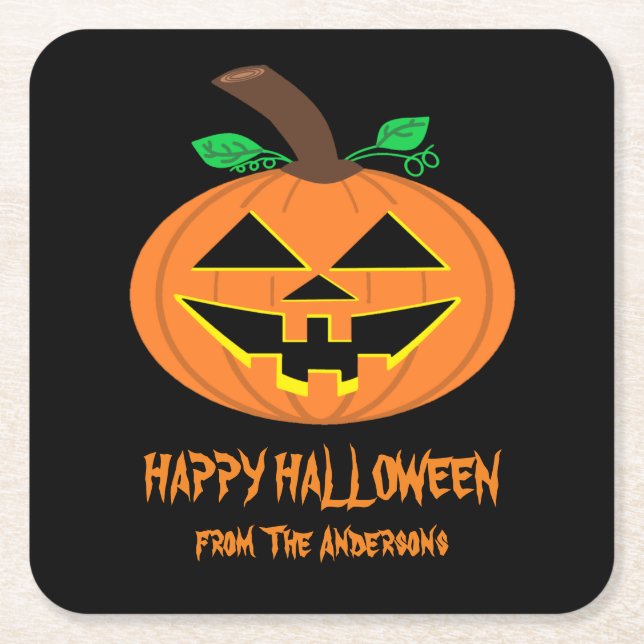 Smiling Happy Halloween Pumpkin Paper Coasters (Front)