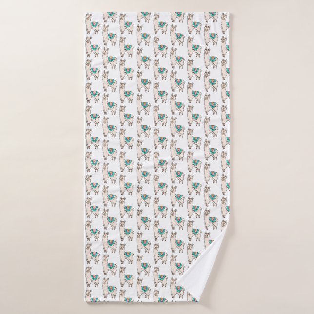 smiling happy llama alpaca cartoon animal drawing  bath towel (Bath Towel)
