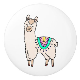 smiling happy llama alpaca cartoon animal drawing ceramic knob
