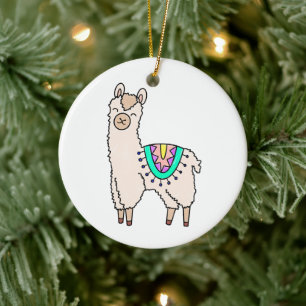 smiling happy llama alpaca cartoon animal drawing ceramic ornament