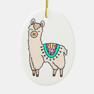 smiling happy llama alpaca cartoon animal drawing  ceramic ornament