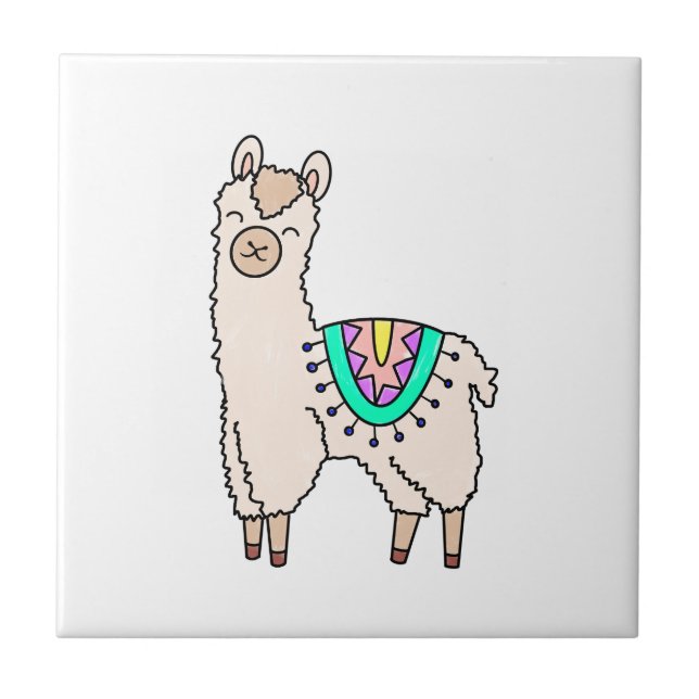 smiling happy llama alpaca cartoon animal drawing  ceramic tile (Front)
