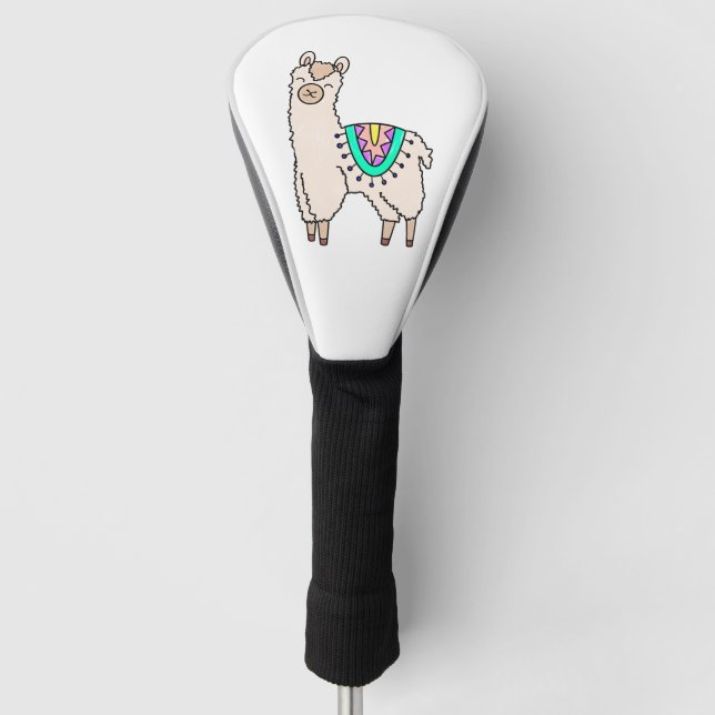 smiling happy llama alpaca cartoon animal drawing  golf head cover (Front)
