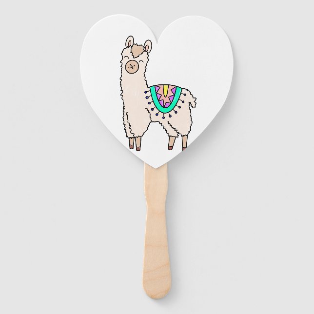 smiling happy llama alpaca cartoon animal drawing  hand fan (Front)