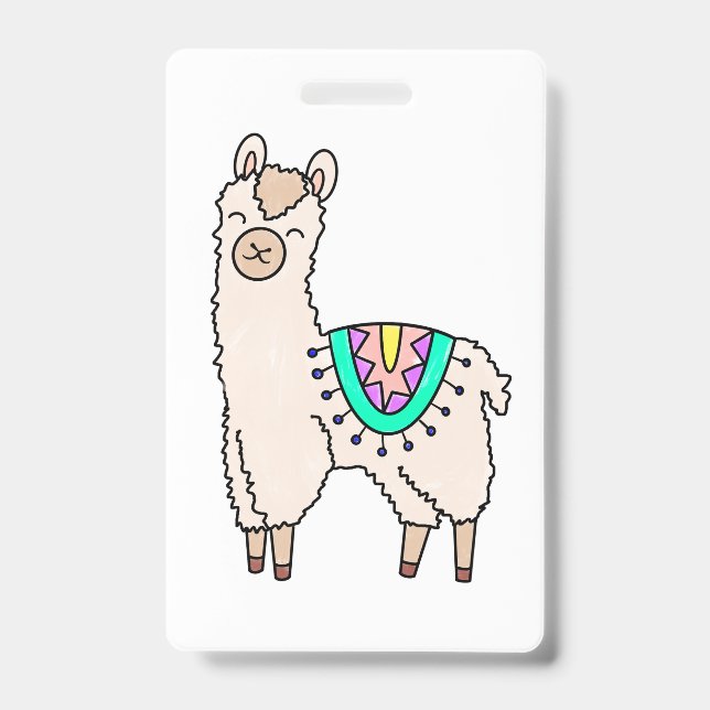 smiling happy llama alpaca cartoon animal drawing  ID badge (Front)