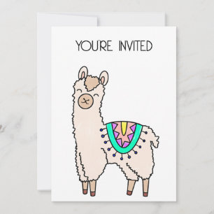 smiling happy llama alpaca cartoon animal drawing invitation