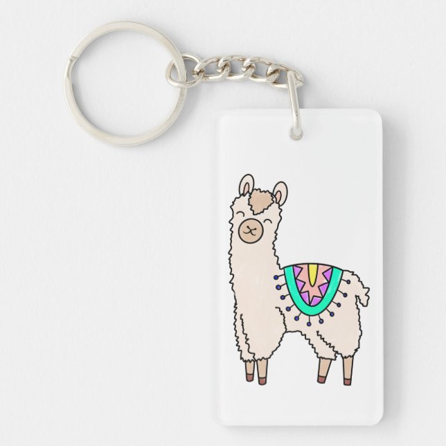 smiling happy llama alpaca cartoon animal drawing  key ring (Front)