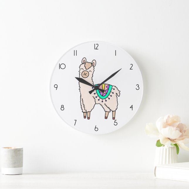 smiling happy llama alpaca cartoon animal drawing  large clock (Home)