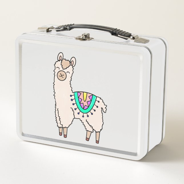smiling happy llama alpaca cartoon animal drawing  metal lunch box (Front)