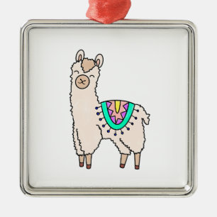 smiling happy llama alpaca cartoon animal drawing  metal ornament