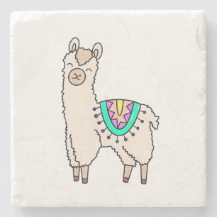 smiling happy llama alpaca cartoon animal drawing stone coaster