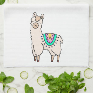 smiling happy llama alpaca cartoon animal drawing tea towel