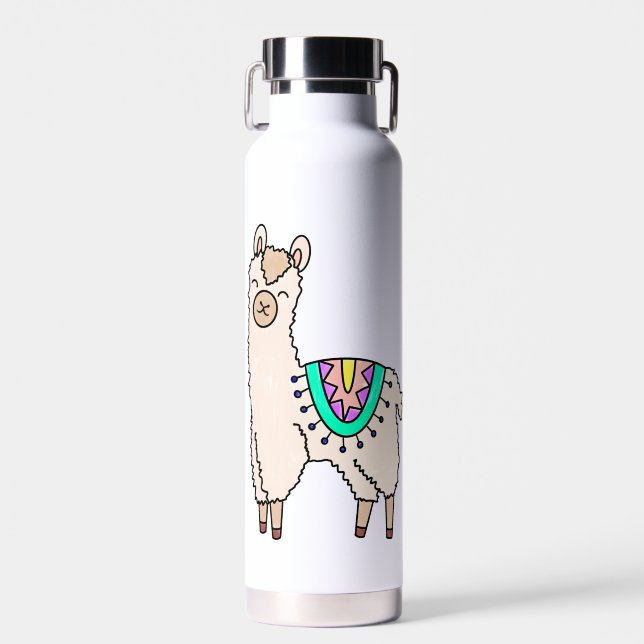 smiling happy llama alpaca cartoon animal drawing  water bottle (Front)