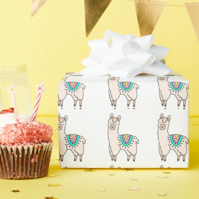 smiling happy llama alpaca cartoon animal drawing  wrapping paper (Birthday Party)