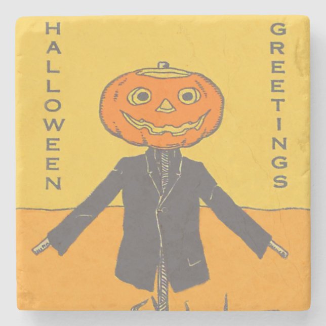 Smiling Happy Scarecrow Jack O' Lantern Stone Coaster (Front)