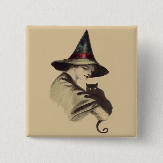 Smiling Happy Witch Black Cat 15 Cm Square Badge (Front)