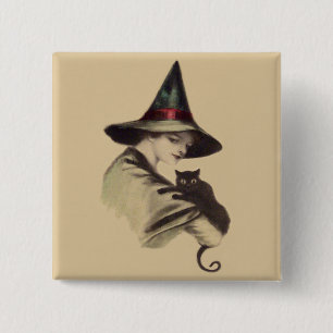 Smiling Happy Witch Black Cat 15 Cm Square Badge
