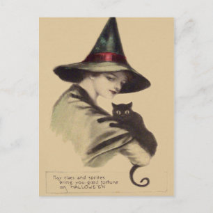 Smiling Happy Witch Black Cat Postcard
