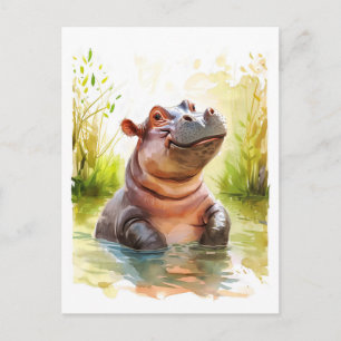 Smiling Hippo in Water Holiday Postcard