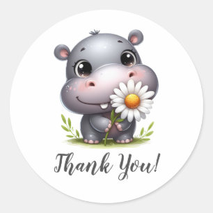 Smiling Hippo with Sunflower Thank You Classic Round Sticker